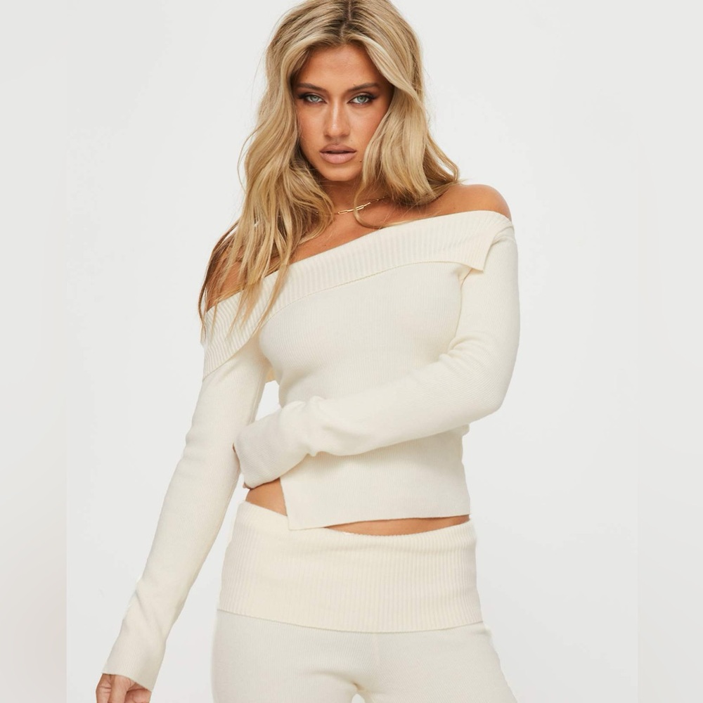 Princess Polly Macallan Long Sleeve Off the Shoulder White Curve Sweater